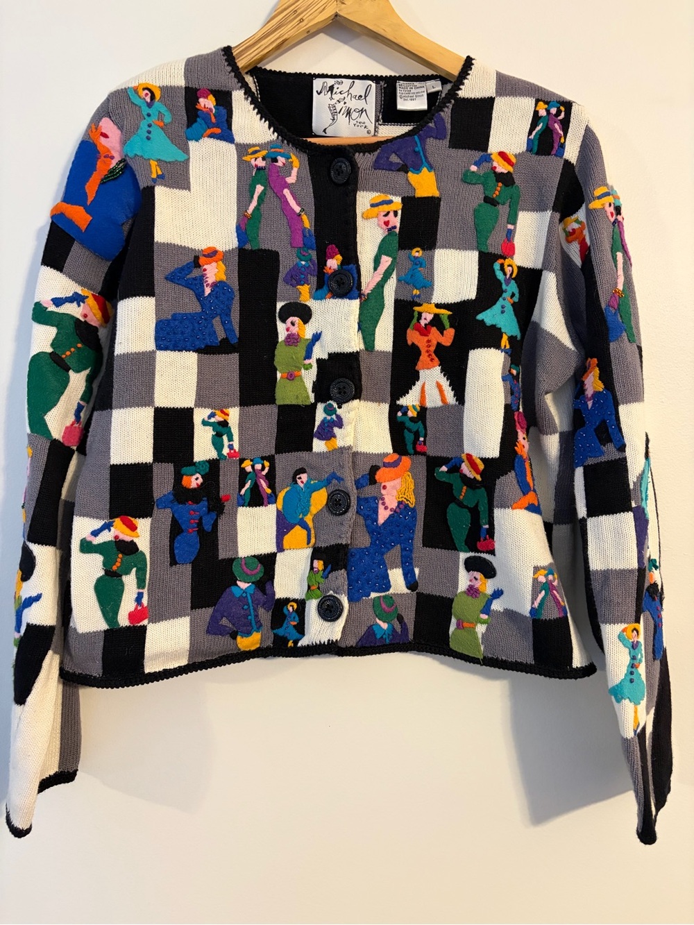 1997 Michael Simón Vintage Wearable Art Knit Sweater L Appliqué Fashion Figures